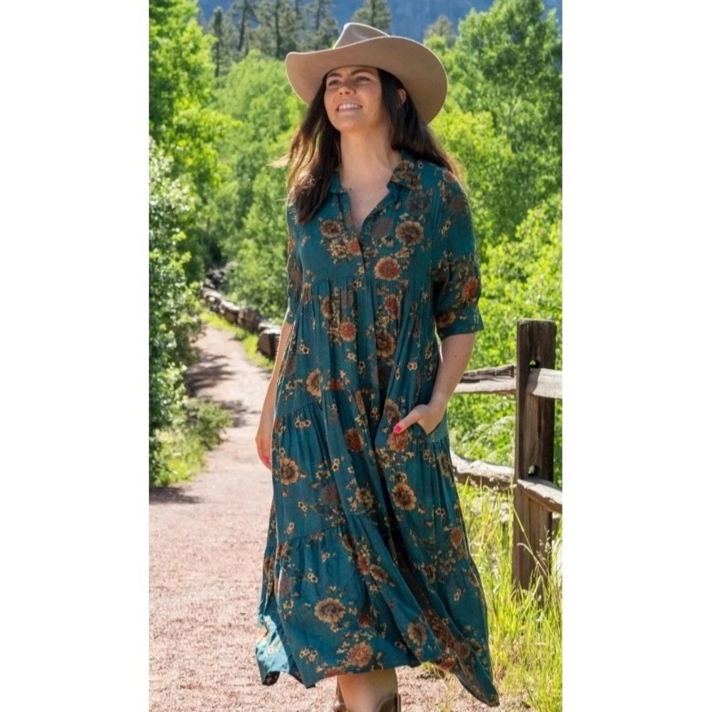 Natural Life Rebecca 3/4 Sleeve Teal Orange Floral Tiered Maxi Dress Boho XL